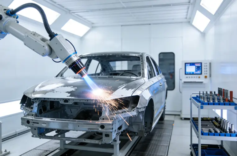 An automated robotic arm performing laser cleaning on an automotive production line.