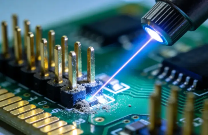 Macro view of a precise pulsed laser safely cleaning microscopic dirt from a delicate automotive circuit board.