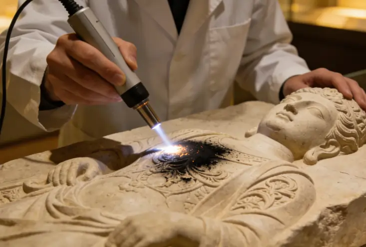 A conservator carefully restoring an ancient stone sculpture by removing centuries of grime using a gentle laser.