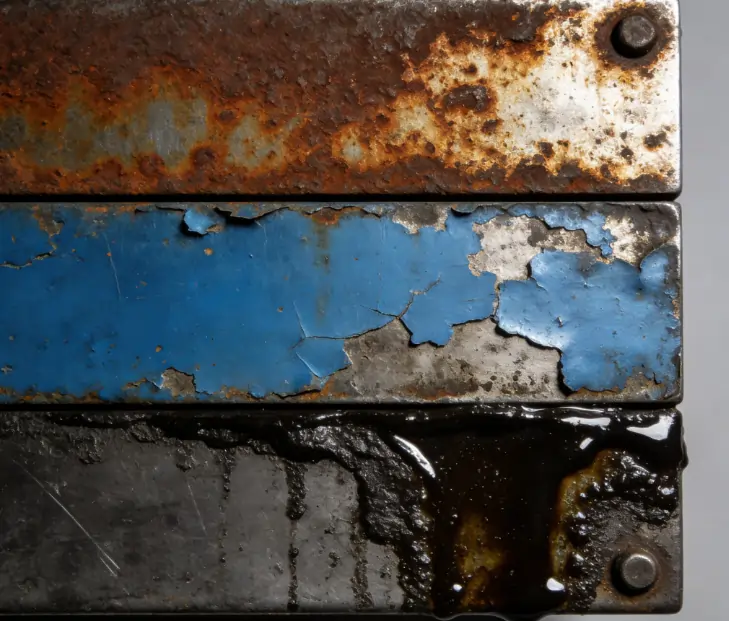 Close-up showing different types of surface contaminants like rust, paint, and grease on metal.