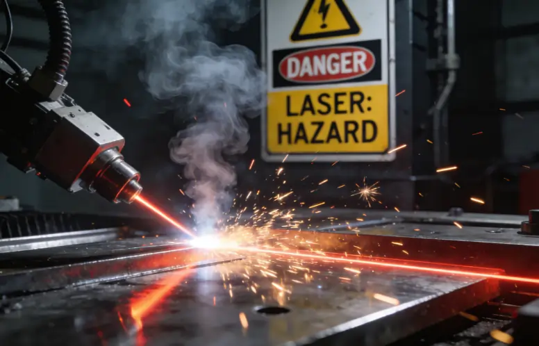 Illustration of laser cleaning hazards such as bright reflections, toxic fumes, and flying sparks.