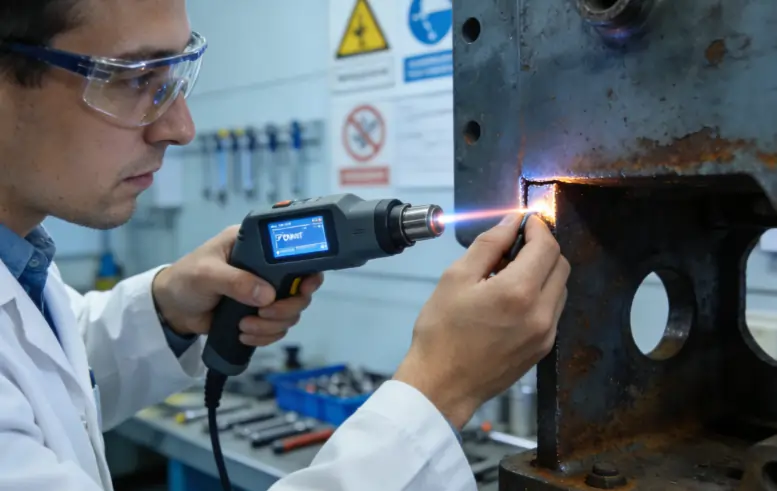 A technician performing a low-power spot test with a laser cleaner to safely calibrate the machine's settings.