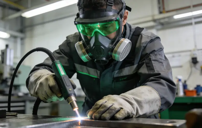 An industrial worker wearing full PPE including certified laser safety goggles, a respirator, and heat-resistant gloves.