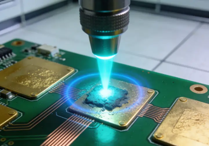 A pulse laser precisely cleaning microscopic oxidation from a delicate electronic circuit board.