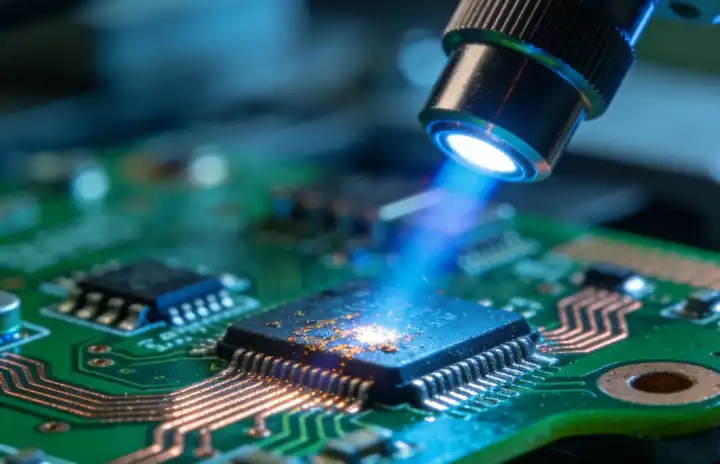 A precise pulse laser gently cleaning microscopic oxidation from a delicate electronic circuit board.