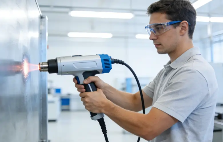 Worker safely and comfortably operating a laser cleaning machine wearing only safety goggles.