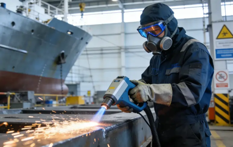 A shipyard worker safely operating a laser cleaner while wearing proper protective gear and safety goggles.