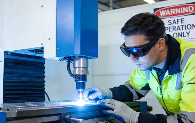 An operator safely using a laser cleaner while wearing correct protective gear and safety goggles.
