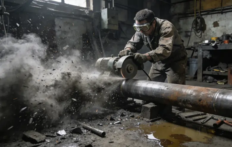 A messy traditional mechanical polishing process generating thick dust and waste.