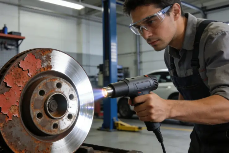A handheld laser cleaning machine being used to restore an automotive brake disc, safely removing rust and grease.