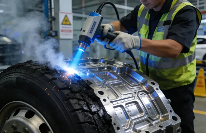 A mechanic using a laser cleaning machine to delicately strip old paint and rust from a classic car chassis without damaging the metal.