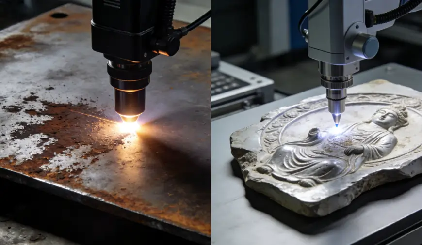 Split-screen comparing a continuous laser cleaning a large steel plate and a pulse laser cleaning a delicate artifact.