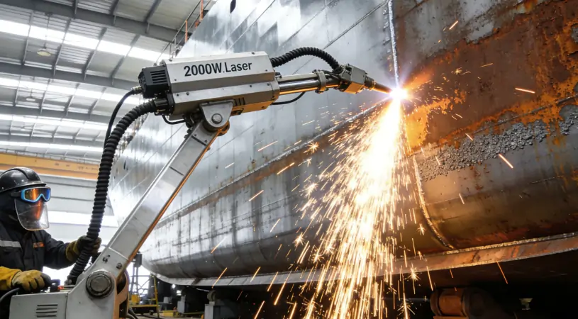A heavy-duty high-power laser cleaning machine rapidly stripping thick rust from a large steel surface.