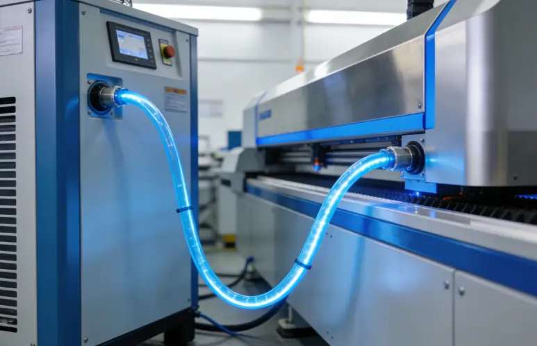 An industrial water chiller system regulating the temperature of a fiber laser cleaning machine.