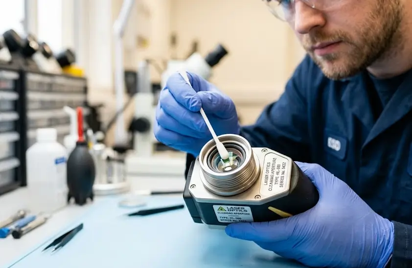 A technician carefully performing routine maintenance and inspecting the optics of a laser cleaning machine.