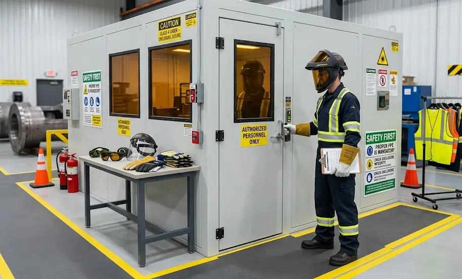 An industrial worker wearing comprehensive safety gear including a face shield and heat-resistant gloves near a laser enclosure.