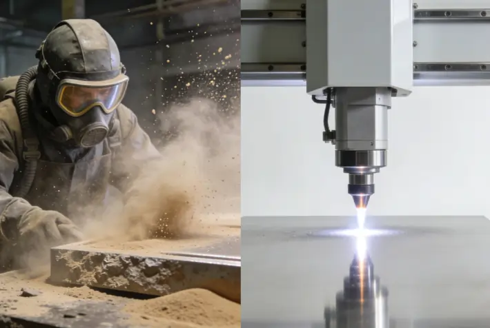 Comparison between messy abrasive blasting and precise, eco-friendly laser cleaning.