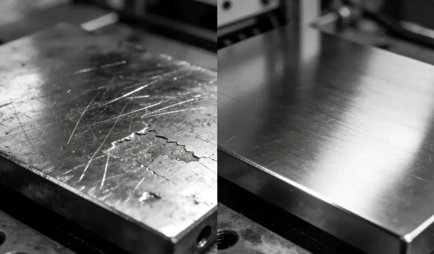 Split-screen comparing scratched metal from traditional polishing and smooth metal from laser cleaning.