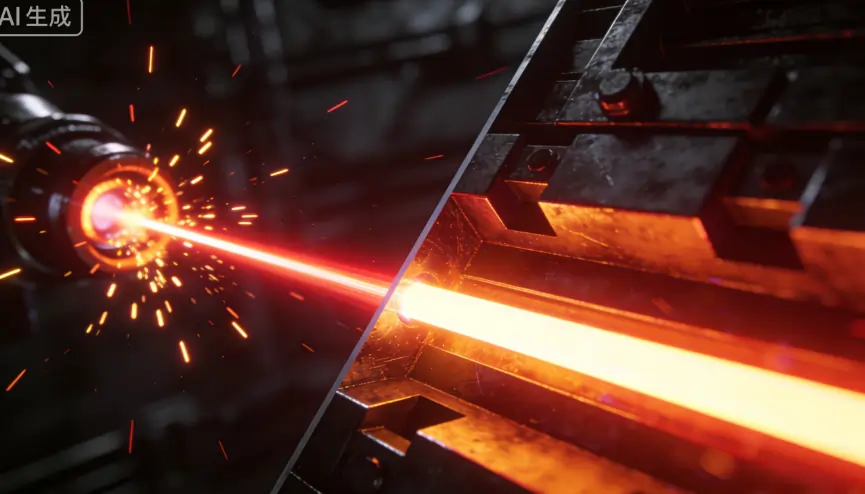 3D illustration comparing pulsed laser bursts with a steady continuous wave laser beam.