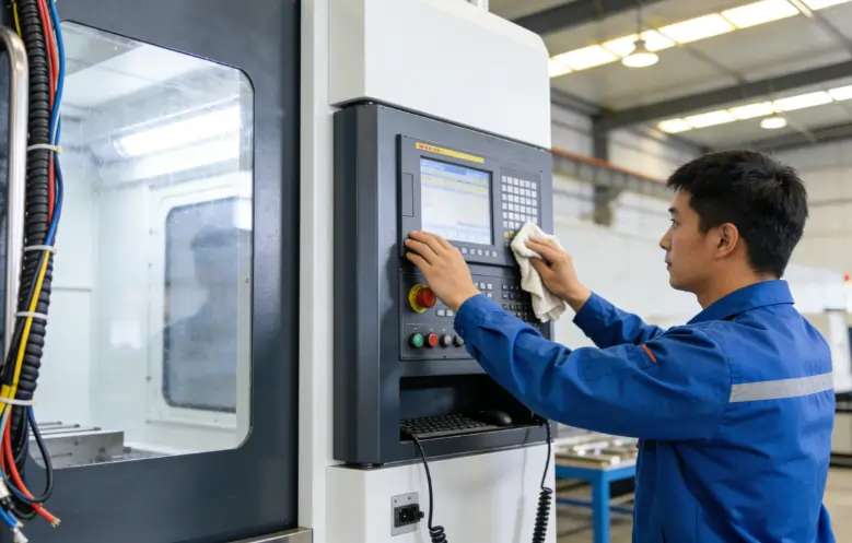 A technician performing routine daily maintenance on a fiber laser cleaning machine.