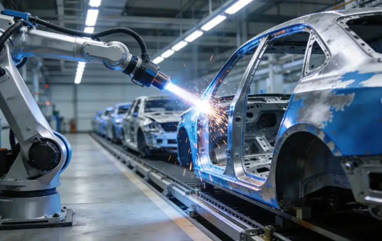 An automated robotic arm performing laser cleaning on an automotive production line.