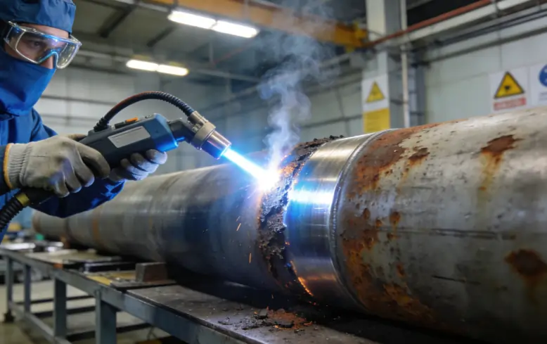 An industrial worker using a handheld fiber laser cleaning machine to remove rust from a steel pipe.