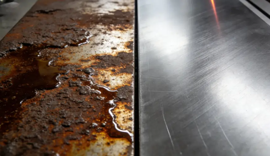 Side-by-side comparison of a dirty, rusted metal surface and a clean, prepped metal surface ready for laser cleaning.