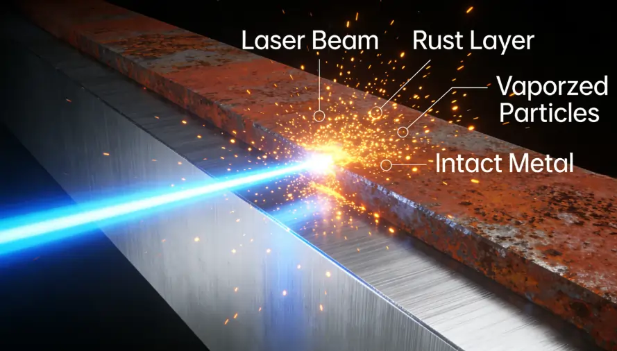 3D illustration of the laser ablation process vaporizing rust while protecting the base metal.