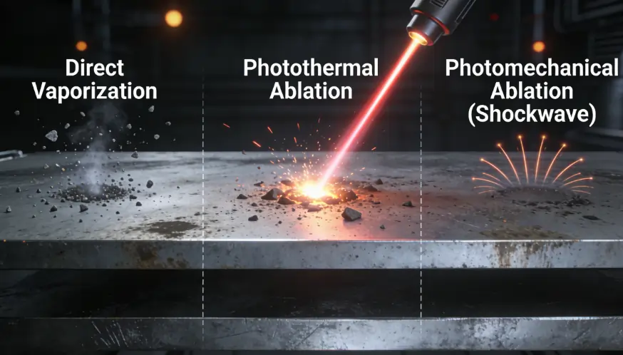 3D conceptual diagram illustrating the principles of laser ablation: vaporization, photothermal, and photomechanical removal.
