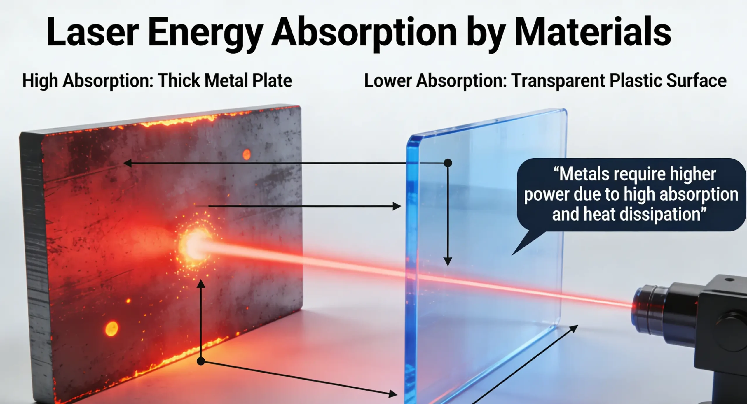 Infographic demonstrating how different materials like metals and plastics absorb laser energy differently.