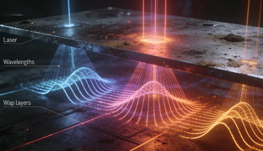 A 3D conceptual illustration of how different laser wavelengths interact with surface contaminants.