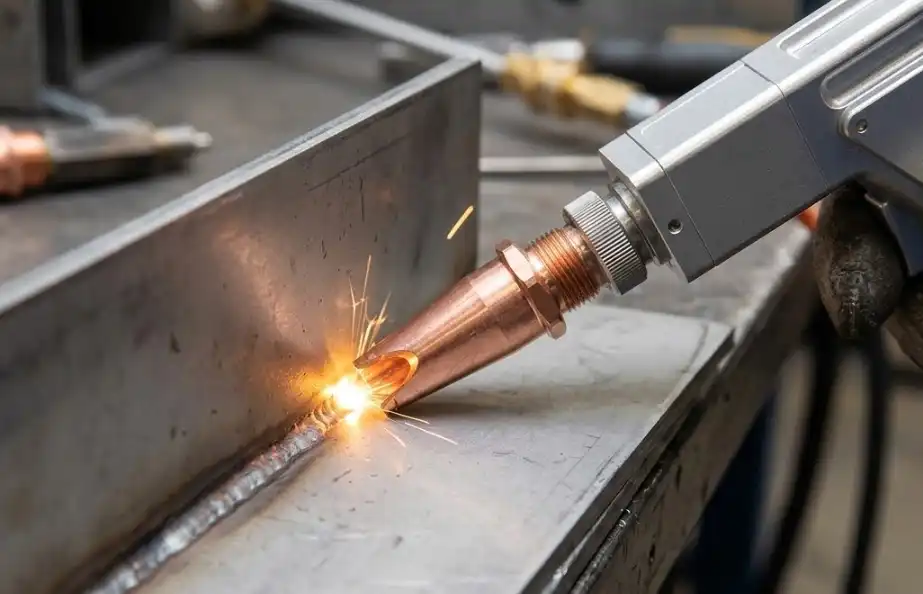 A close-up industrial photograph showing a handheld laser welding gun equipped with a copper interior angle nozzle. The nozzle is positioned perfectly into the inside 90-degree corner of two joined metal plates, demonstrating how its shape fits tight spaces.