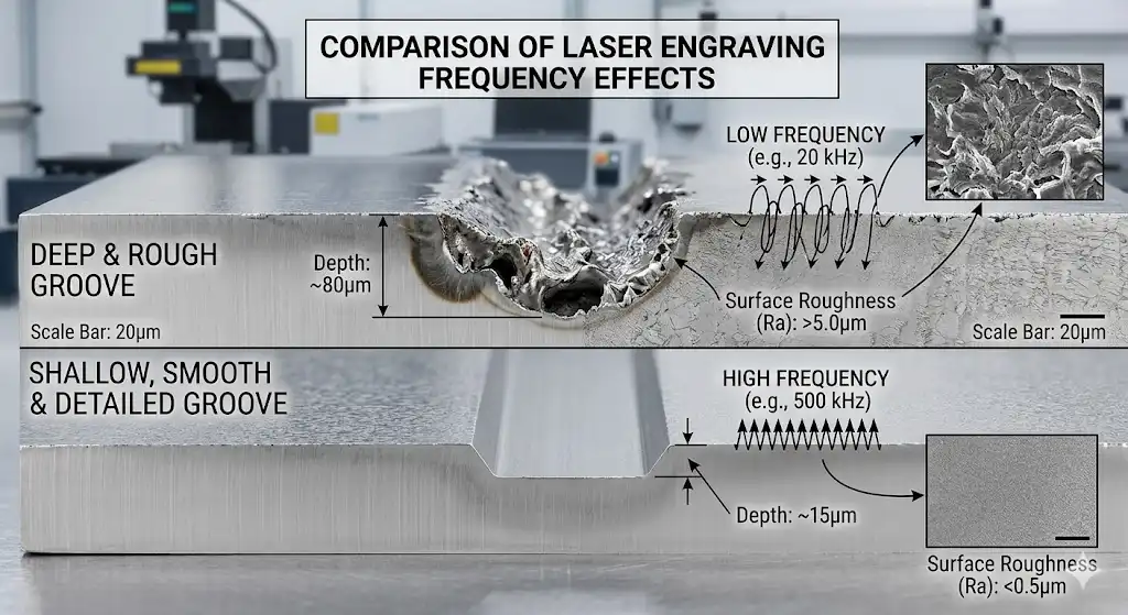 A macro cross-section photograph or 3D render comparing two laser-engraved lines on a piece of metal. One groove is deep and rough (achieved with low frequency), and the other is very shallow but extremely smooth and detailed (achieved with high frequency). Clear technical annotations.