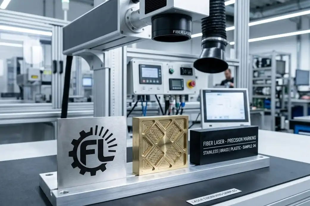 A professional industrial photograph showing an array of material samples engraved by a fiber laser: a piece of stainless steel with a dark, high-contrast logo; a piece of brass with a deep engraving; and a piece of black plastic with a crisp white text mark. Clean, high-tech manufacturing setting.
