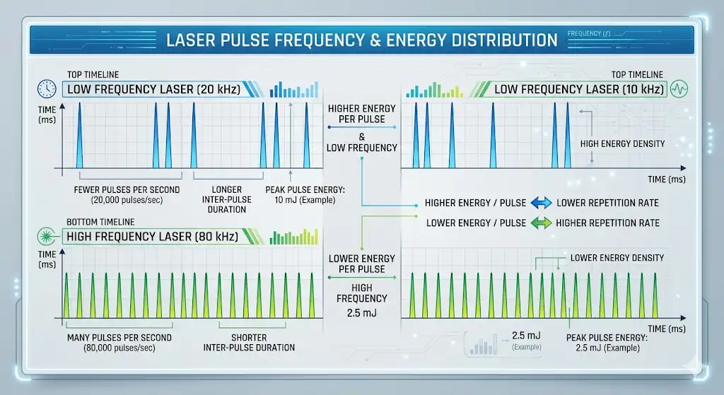 A clean, technical infographic explaining laser pulse frequency. It shows a timeline with two laser waves: the top wave shows low frequency (20 kHz) with fewer, taller spikes representing higher energy per pulse; the bottom wave shows high frequency (80 kHz) with many, shorter spikes representing lower energy but faster repetition. Modern engineering style.