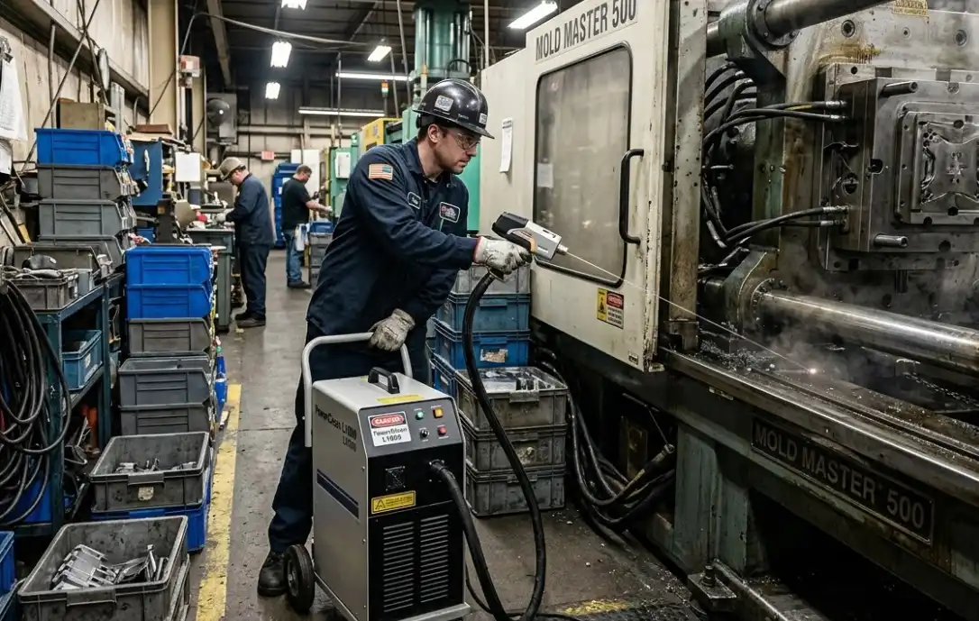 A professional industrial photograph of a worker in a busy, cramped factory aisle easily maneuvering a compact, portable laser cleaning machine on a small cart towards a large injection molding press. The worker is holding a lightweight laser gun, emphasizing mobility and ergonomics.