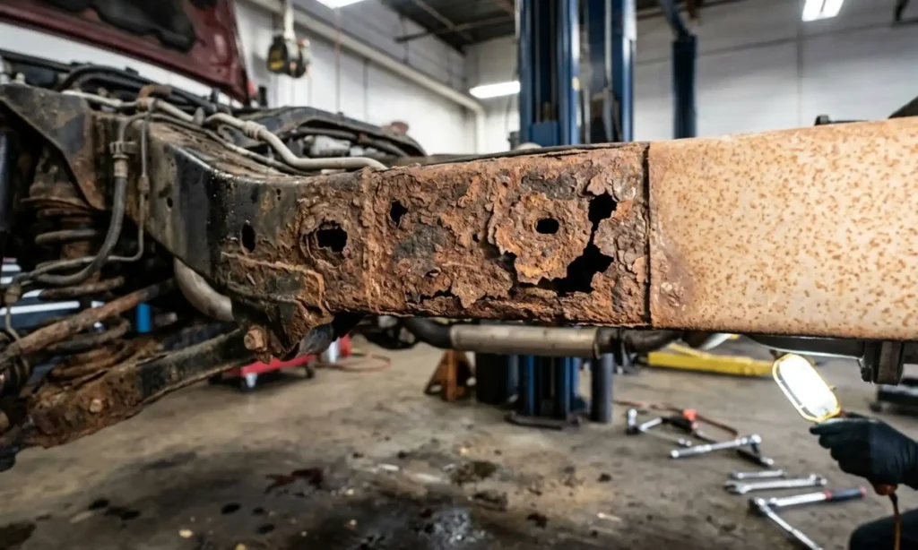 A close-up photograph of the underside of a car showing severe frame rust. The steel frame is flaking and has deep pits and rust holes, contrasting with a section that only has light surface rust. Automotive repair shop lighting.