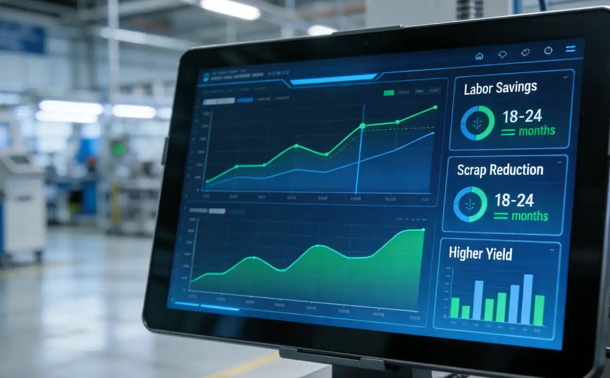 A sleek, futuristic digital dashboard or infographic displayed on an industrial tablet. The screen shows financial charts, line graphs, and bar charts highlighting cost savings over 18 to 24 months. Metrics include 'Labor Savings', 'Scrap Reduction', and 'Higher Yield'. The background is a slightly blurred, clean modern factory floor. Corporate blue and green color palette, highly detailed, professional.
