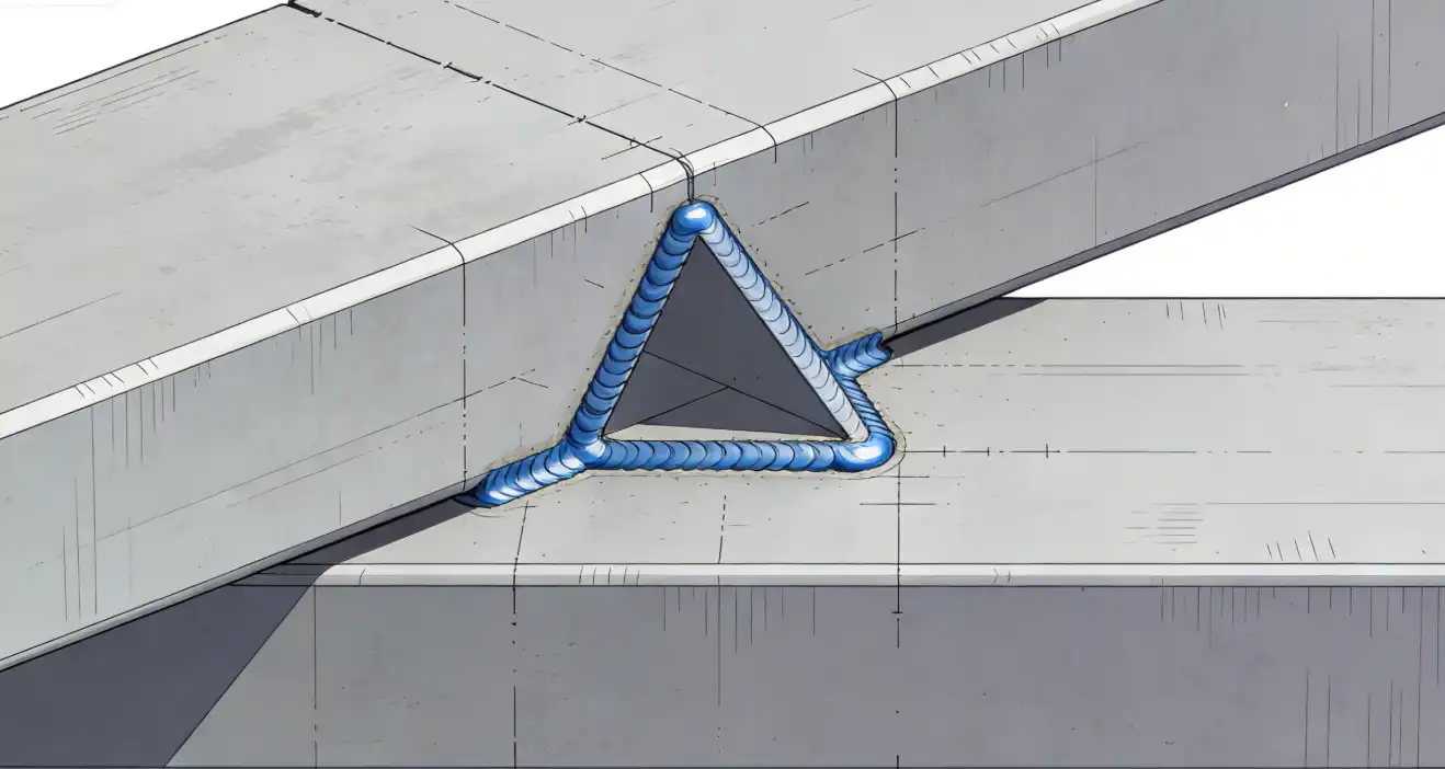 A clean, technical cross-section diagram of a Fillet Weld Lap Joint. The diagram shows two steel plates overlapping, with a distinct triangular fillet weld bead joining the edge of the top plate to the surface of the bottom plate. Engineering educational style.