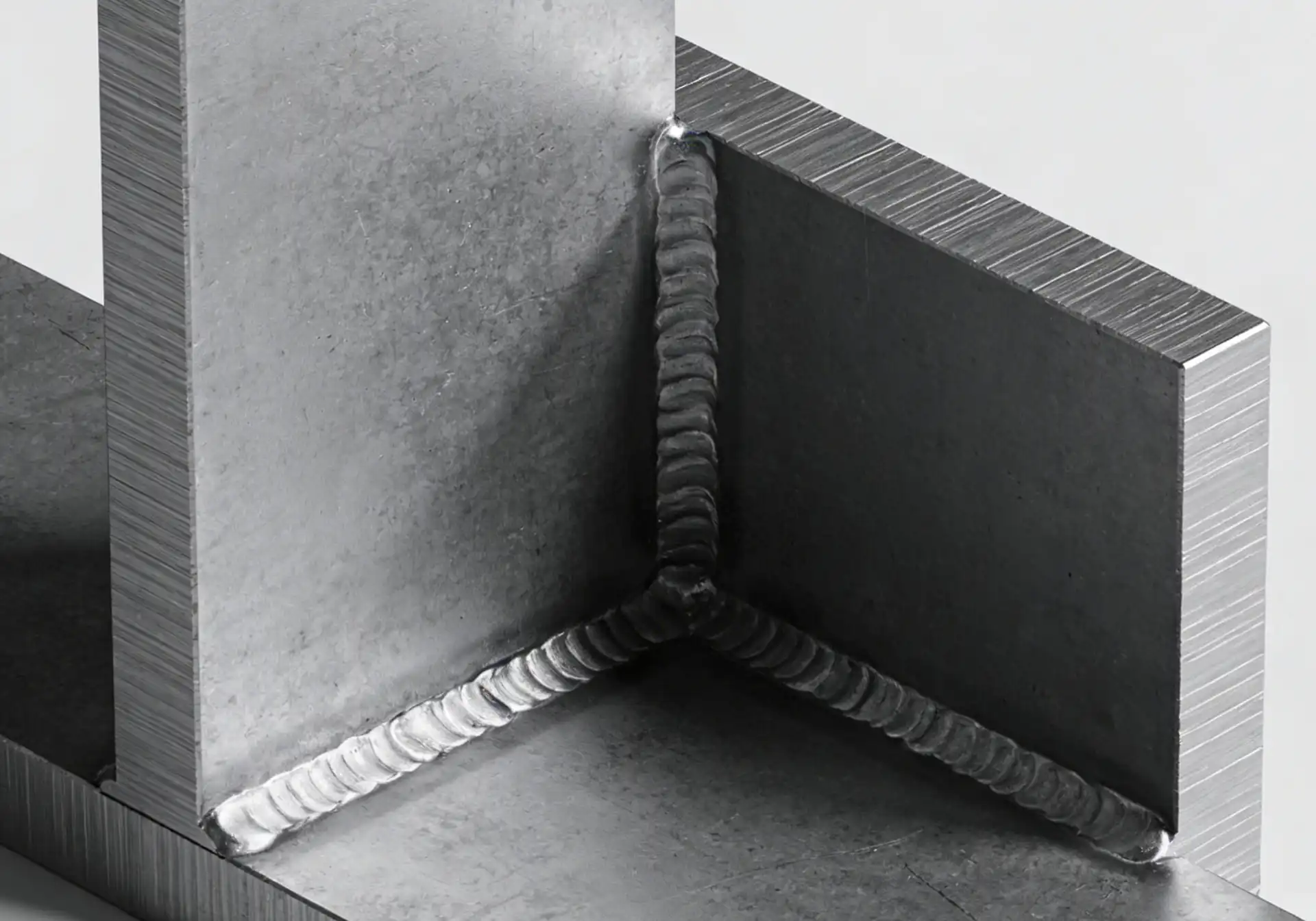 A clean, technical 3D illustration or high-quality photograph of two thick steel plates joined together to form a perfect T-shape (T-Joint) at a 90-degree angle. The vertical plate stands upright on the horizontal base plate. Engineering textbook style.