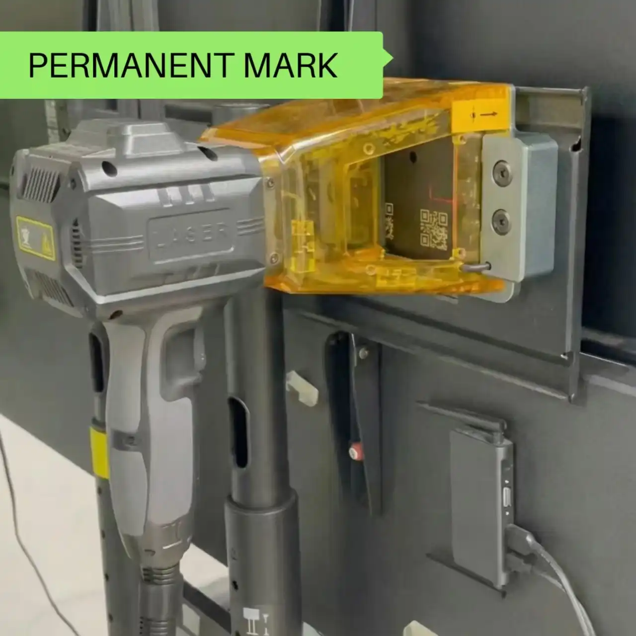 Fiber laser marking result with permanent QR code and logo on metal part