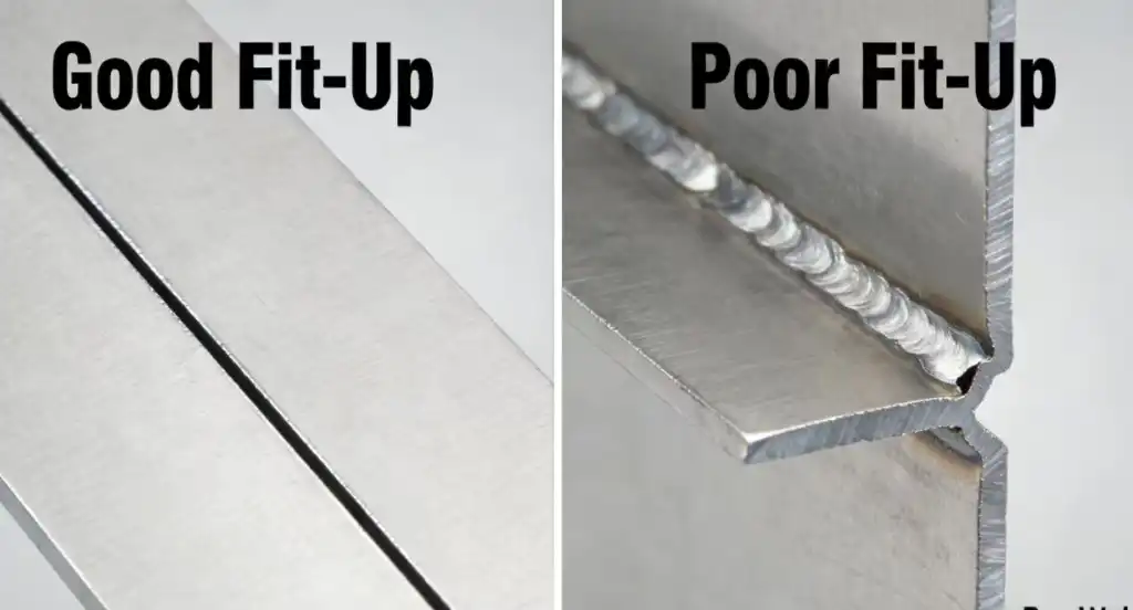 A side-by-side macro photograph comparison of two metal lap joints before welding. The left side shows a 'Good Fit-Up' where the two metal sheets are pressed tightly together with no visible gap. The right side shows 'Poor Fit-Up' with a noticeable, uneven gap between the overlapping plates. Industrial quality control context.