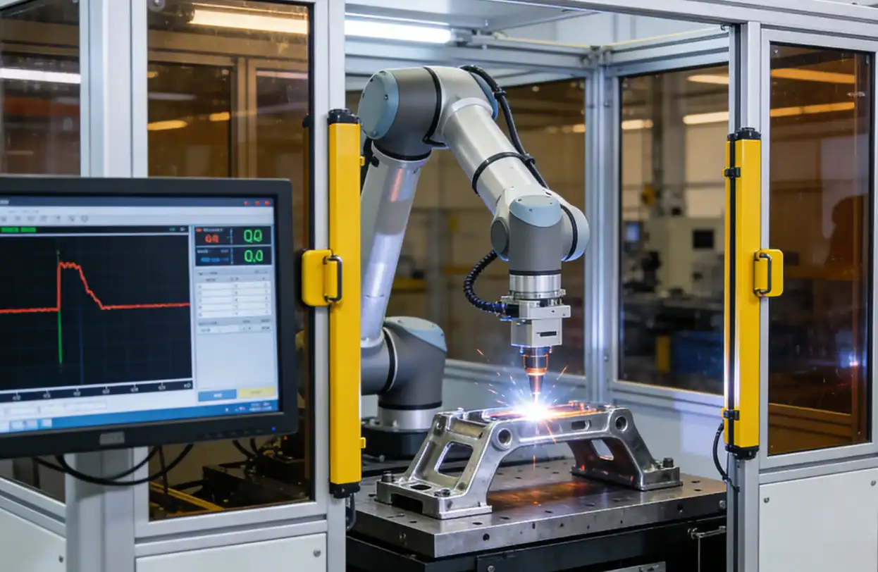 A state-of-the-art robotic fiber laser welding cell enclosed in a high-tech safety cabin with yellow interlocks and tinted protective viewing windows. An articulated robotic arm is welding a metal automotive bracket inside. An external monitor displays real-time weld depth data and QA metrics. Industrial, well-lit, sterile manufacturing environment, photorealistic.
