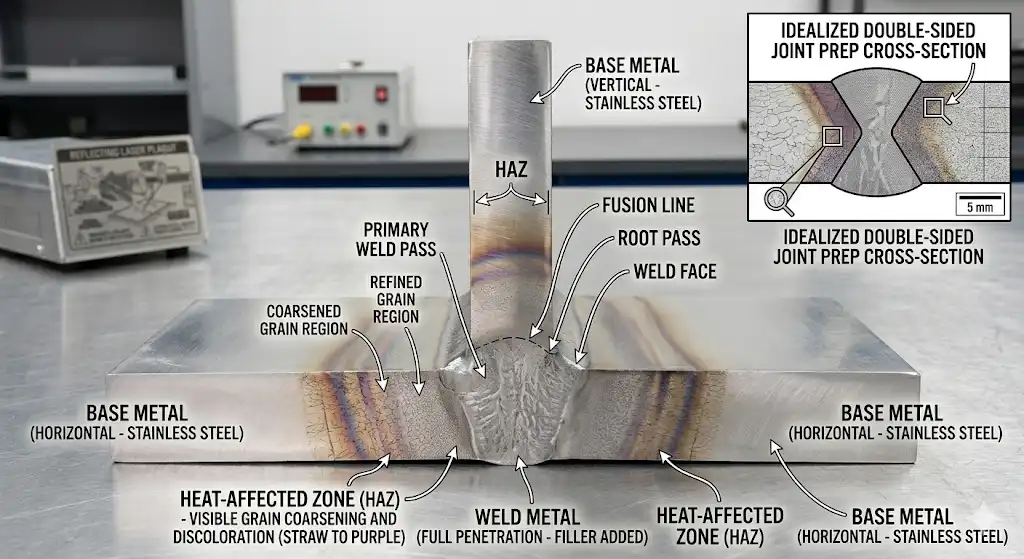A clear technical macro photograph of a welded metal cross-section. The image must clearly label three distinct zones: the Base Metal, the Heat-Affected Zone (HAZ) showing visible discoloration/grain changes, and the central Weld Metal. Industrial engineering style.