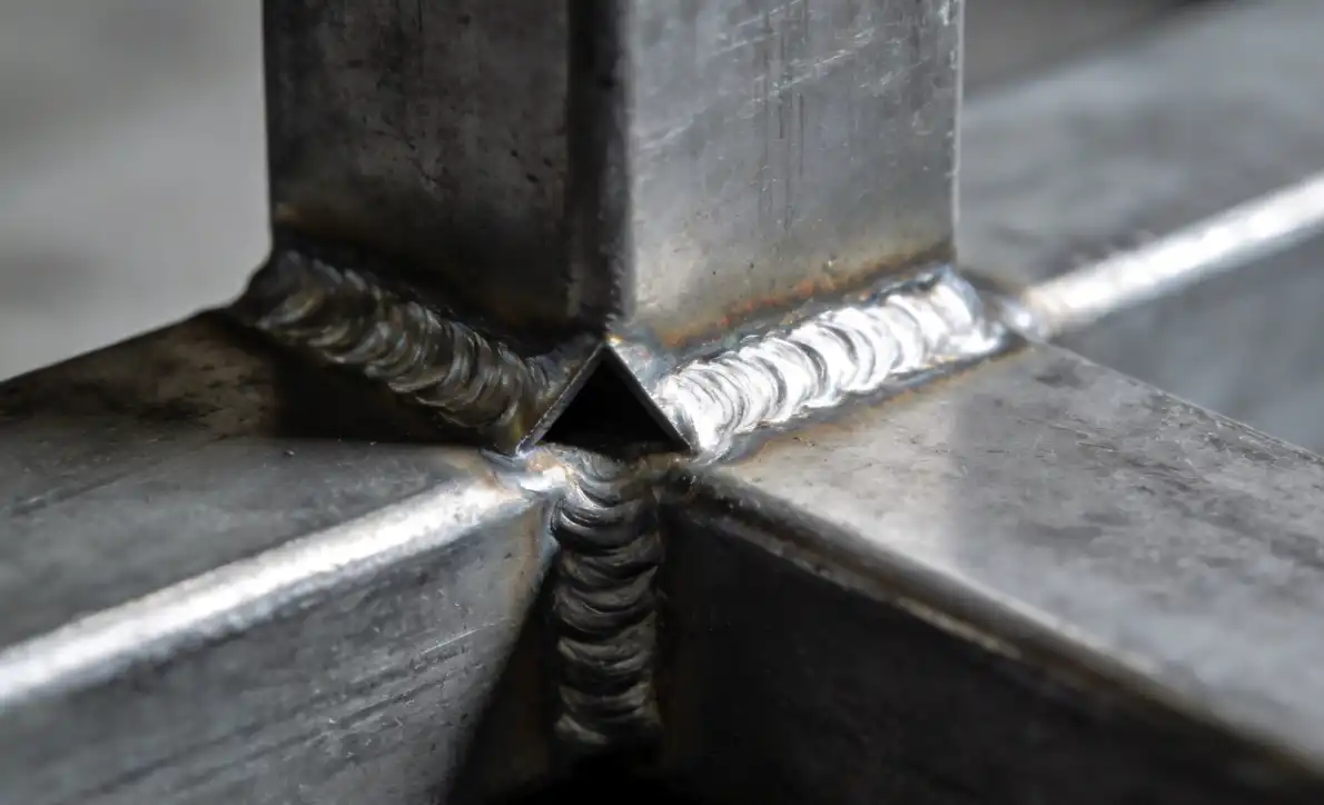 A macro photograph or detailed illustration of a T-Joint showing the fillet weld. The image highlights the triangular weld bead filling the corner where the vertical and horizontal metal plates meet. Industrial manufacturing context.