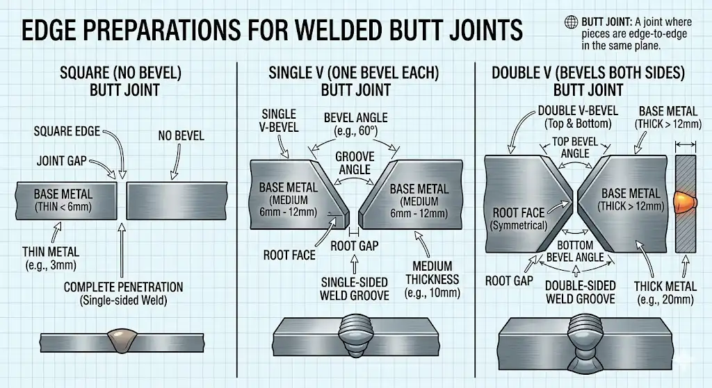 A clear, educational technical diagram showing cross-sections of three types of edge preparations for welded butt joints: Square (no bevel, for thin metal), Single V (one bevel on each piece), and Double V (bevels on both sides, for thick metal). Engineering textbook style with clean labels.