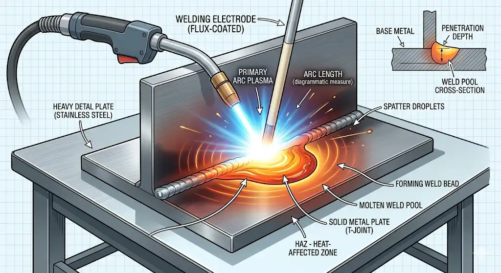 A clean, technical 3D illustration of a welding arc hitting a metal surface, creating a glowing molten weld pool. The image should clearly show the intensely bright center of the arc and the heat radiating outwards, forming the liquid pool. Engineering textbook style.