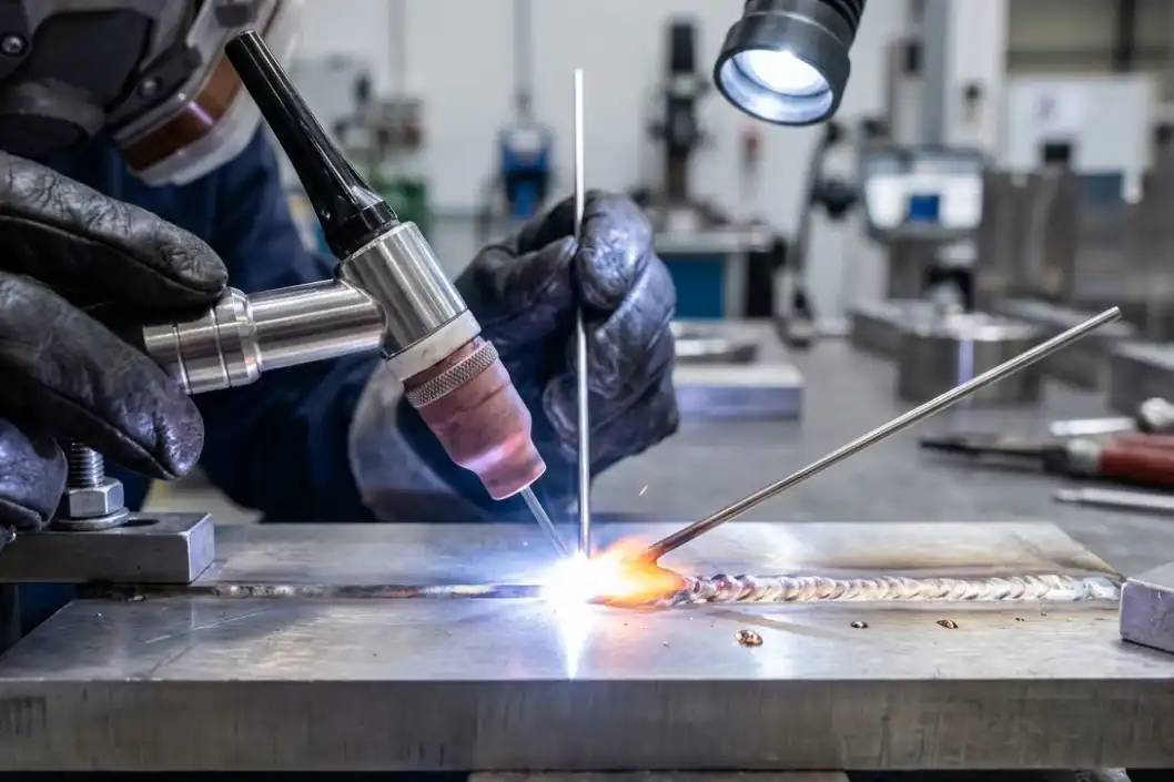 A high-quality industrial macro photograph showing a bright TIG welding torch in action. The torch is melting a thin, solid metal rod (the Filler Metal) into a glowing molten pool situated on a thick, flat steel plate (the Base Metal). Clean manufacturing aesthetic.
