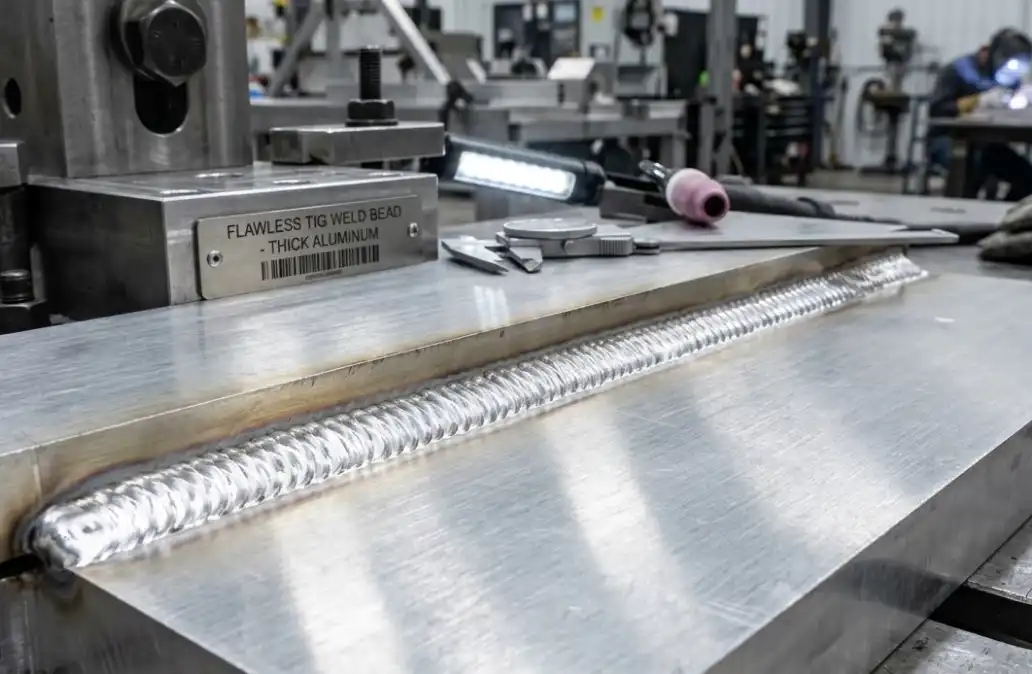 A high-quality industrial photograph showing a flawless, shiny TIG weld bead on a piece of thick aluminum. The bright silver metal and neat, stacked-dime appearance of the weld highlight the versatility of welding different materials.