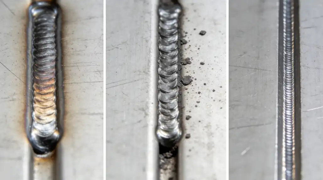 A macro photography split-panel comparison of three weld seams on 2mm aluminum brackets. Left panel: TIG weld (wide bead, visible heat tint). Middle panel: MIG weld (thicker bead, some spatter). Right panel: Laser weld (very narrow, precise, clean bead with almost no heat-affected zone). Industrial quality control aesthetic.